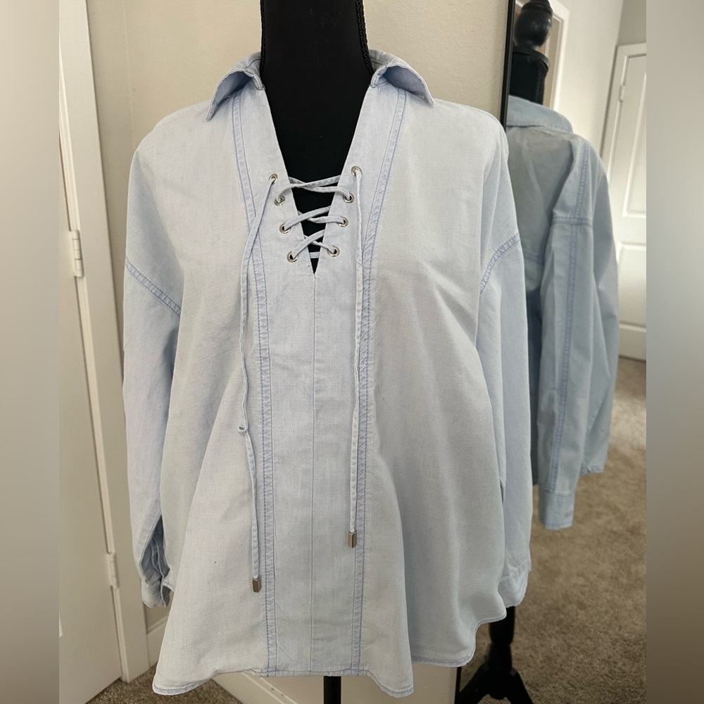 Zara Light Blue Lace-Up Blouse